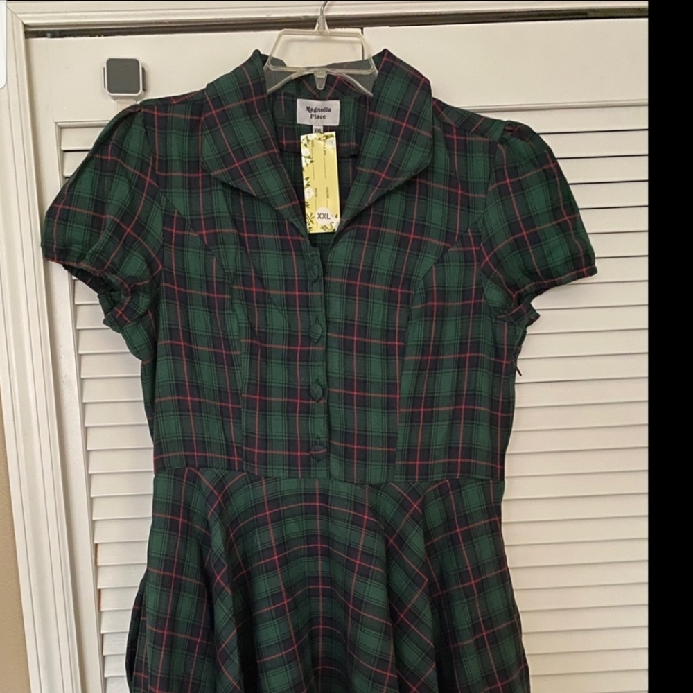 Magnolia Place from UNIQUE VINTAGE, hunter green flannel plaid dress